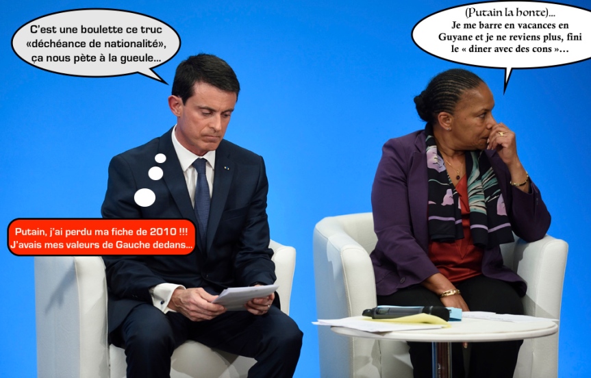 French Prime Minister Manuel Valls reads notes as French Justice minister Christiane Taubira sits nearby during a press conference to present reform proposals, agreed by the government today, at the Elysee Palace in Paris